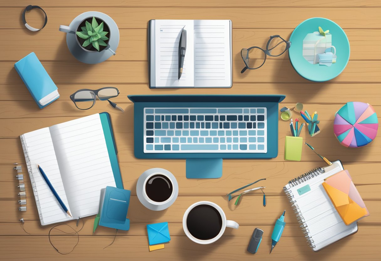A table with various gift items under $50, such as branded mugs, notebooks, and tech accessories. A sign reads "Frequently Asked Questions: Best Corporate Gifts Under $50."