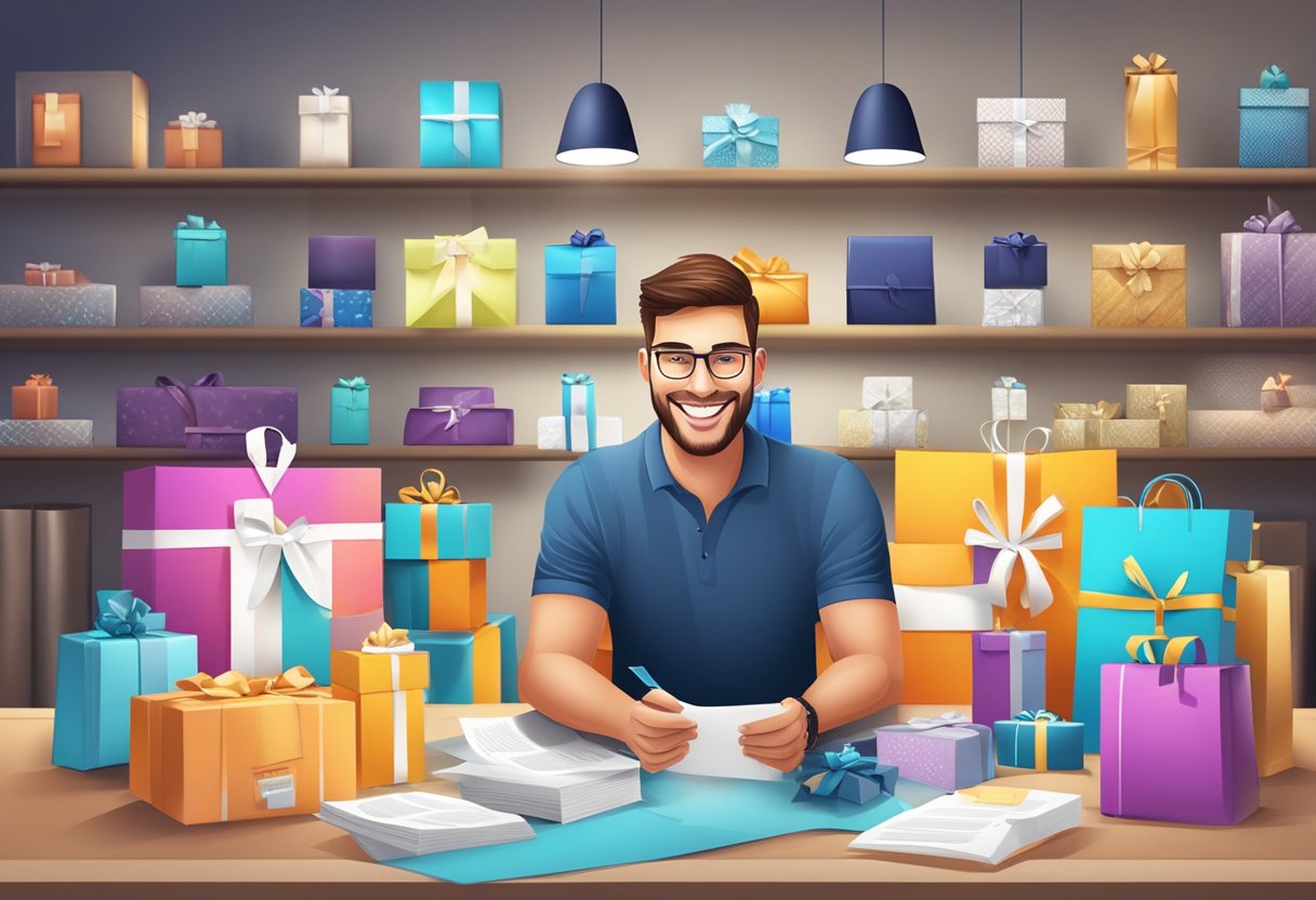 A smiling client reads a glowing testimonial while surrounded by a variety of high-quality corporate gifts on display