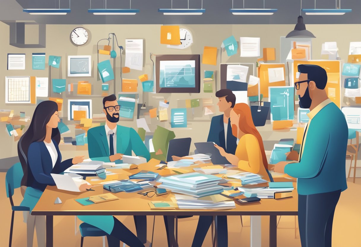 A table with various corporate gifts displayed, a sign with "Frequently Asked Questions" above. Busy professionals browsing and discussing options