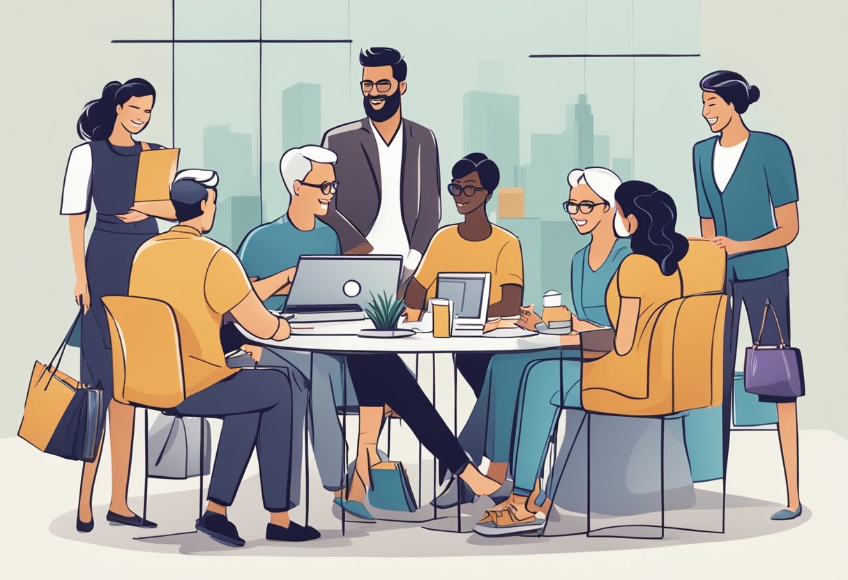 A group of satisfied clients discussing their positive experiences with the corporate gift vendor, surrounded by a variety of high-quality and branded gift items