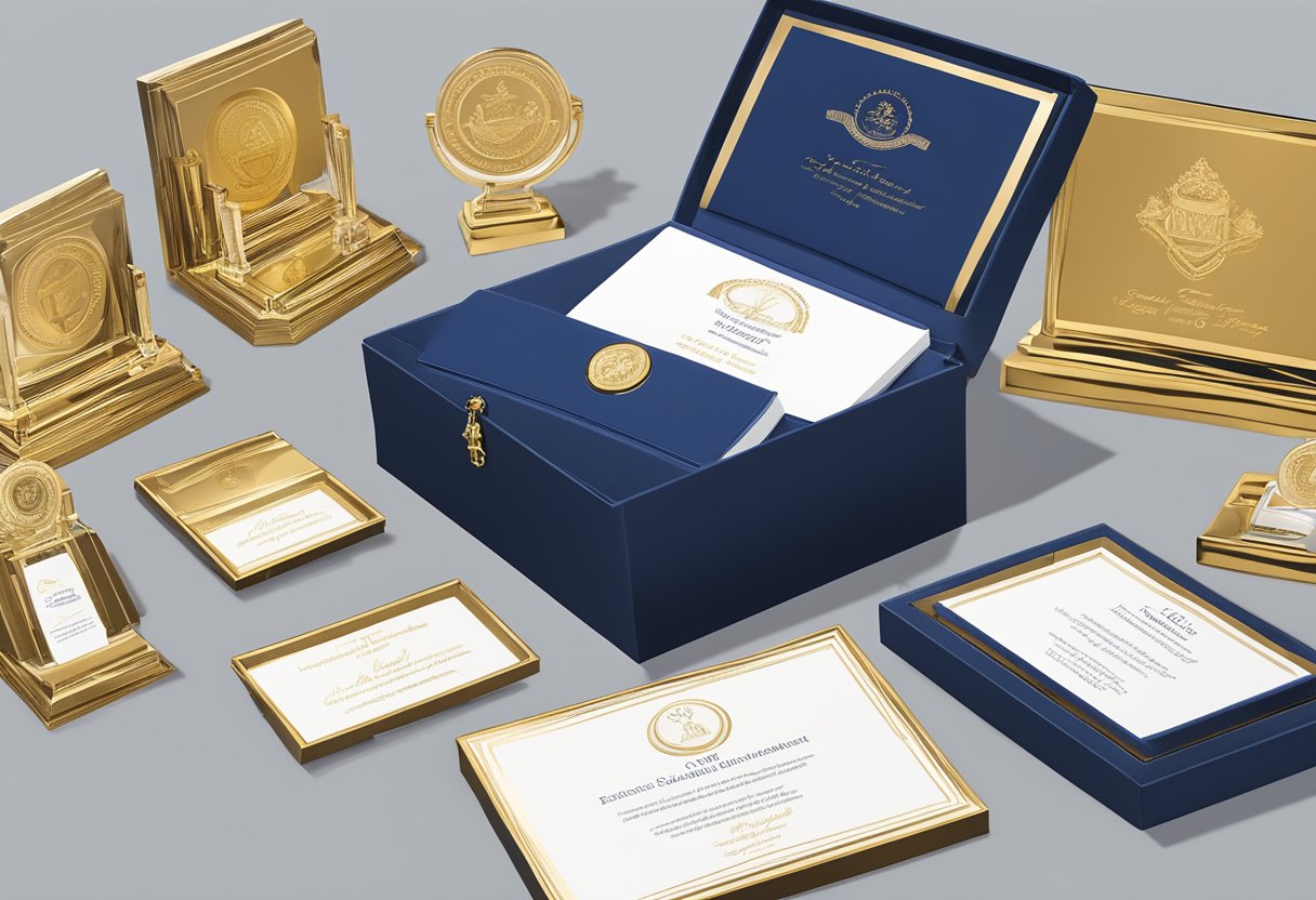 A table displays elegant corporate anniversary gifts: engraved plaques, custom crystal awards, and gold-embossed stationary sets