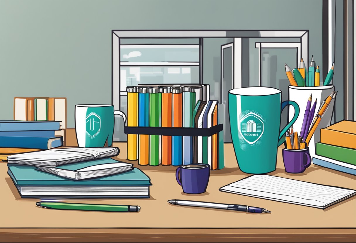 A table displays branded pens, notebooks, and mugs as potential corporate door gifts