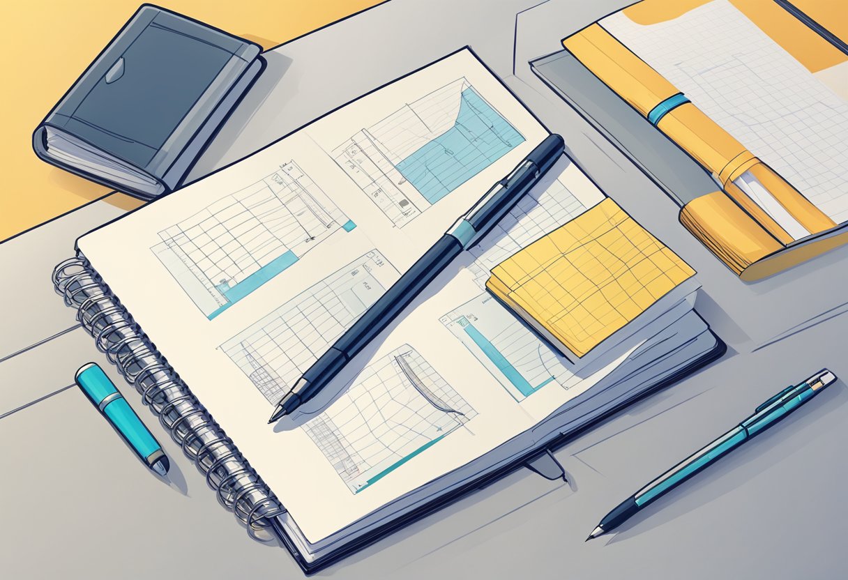 A company notebook sits open on a desk, with a pen resting on top. The pages are filled with neatly written notes and diagrams