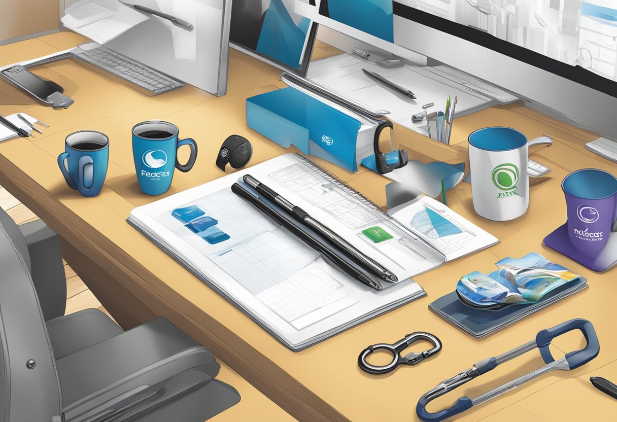 A table displays branded merchandise like pens, keychains, and mugs. A banner with the company logo hangs behind it