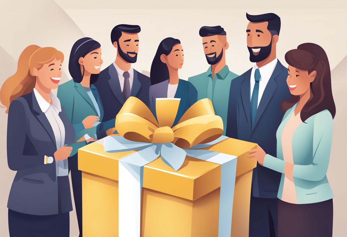 Employees gather around a large, beautifully wrapped gift box with a ribbon and bow. A banner reads "Celebrating Milestones with Corporate Anniversary Gifts."