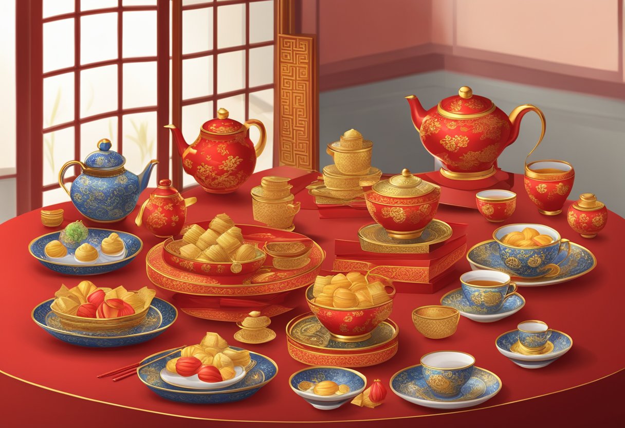 A table displays red and gold corporate Chinese New Year gifts, including tea sets, lucky bamboo, and traditional red envelopes