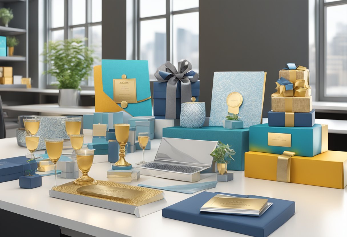 A table with various gift options, such as personalized plaques, engraved trophies, and custom gift baskets, displayed in a modern office setting