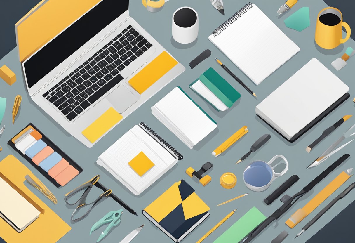 A notebook with a sleek, modern design sits on a clean, minimalist desk, surrounded by various tools and materials for customization