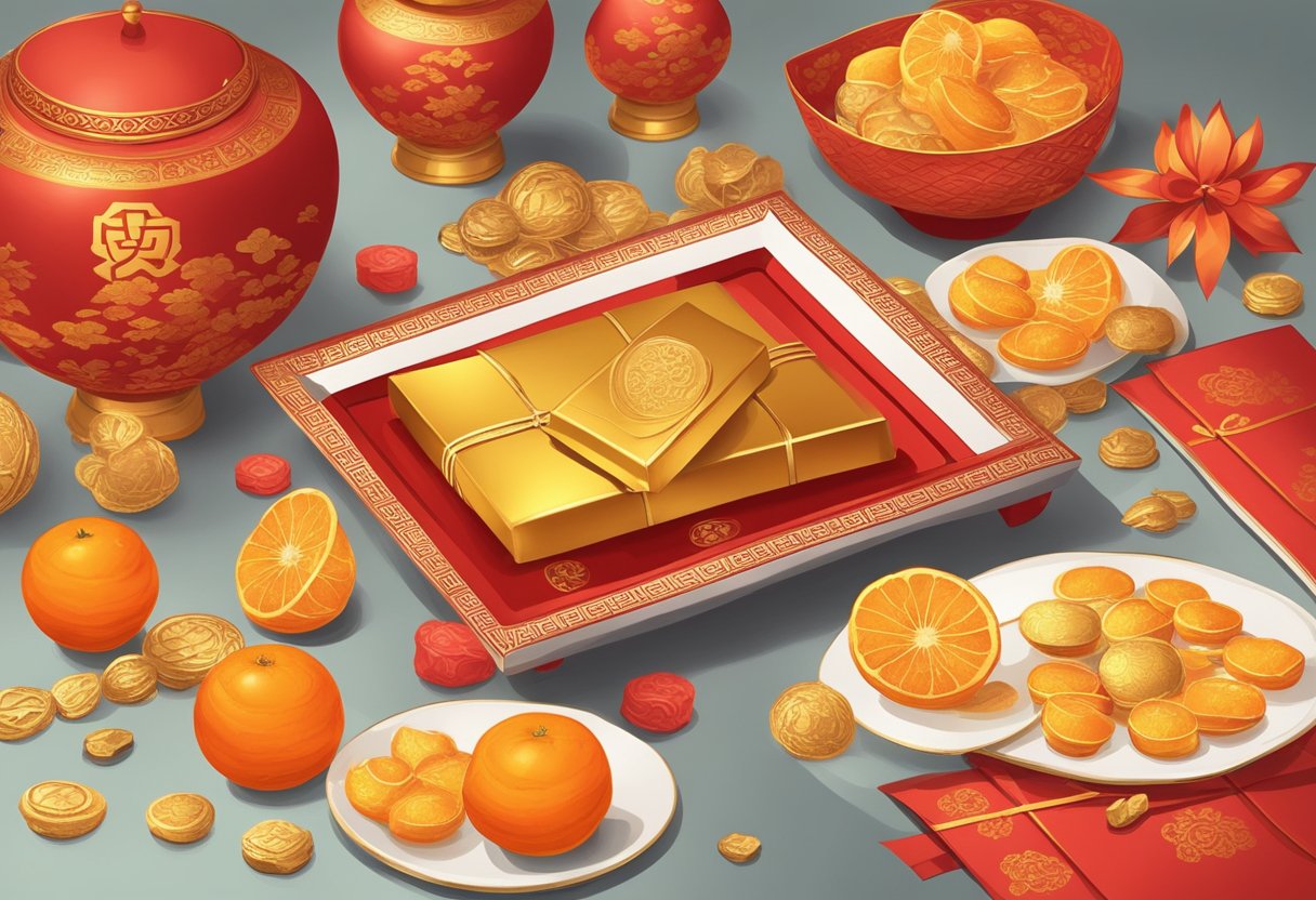 A table adorned with traditional Chinese New Year gifts: red envelopes, tangerines, and decorative gold ingots