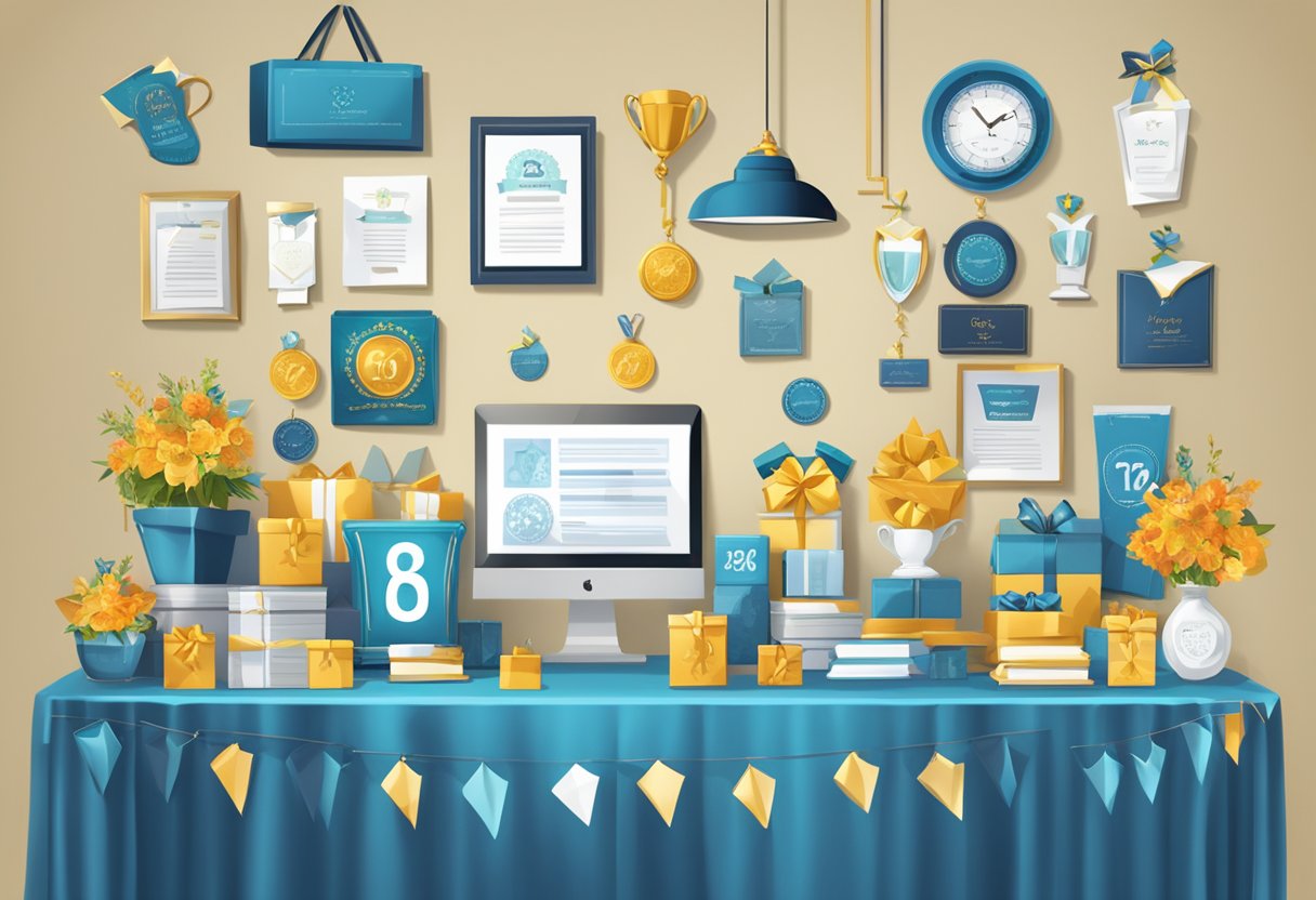 A table with various corporate anniversary gifts displayed, including plaques, trophies, and personalized items. A banner with "Frequently Asked Questions corporate anniversary gifts" hangs in the background