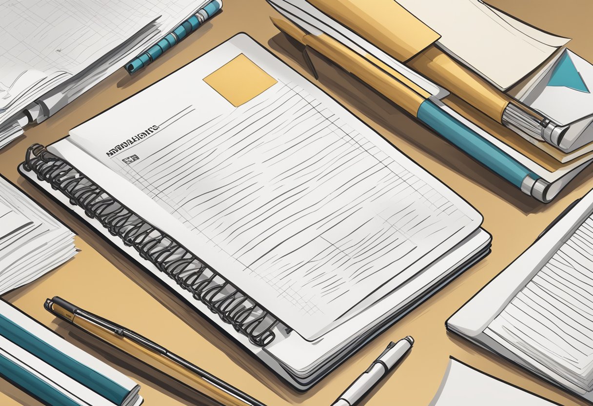 A notebook sits open on a desk, surrounded by stacks of papers and a pen. The company logo is visible on the cover