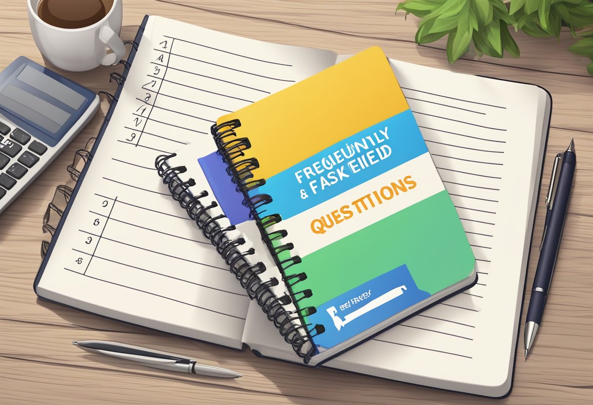 A company notebook with "Frequently Asked Questions" printed on the cover, surrounded by a stack of papers and a pen