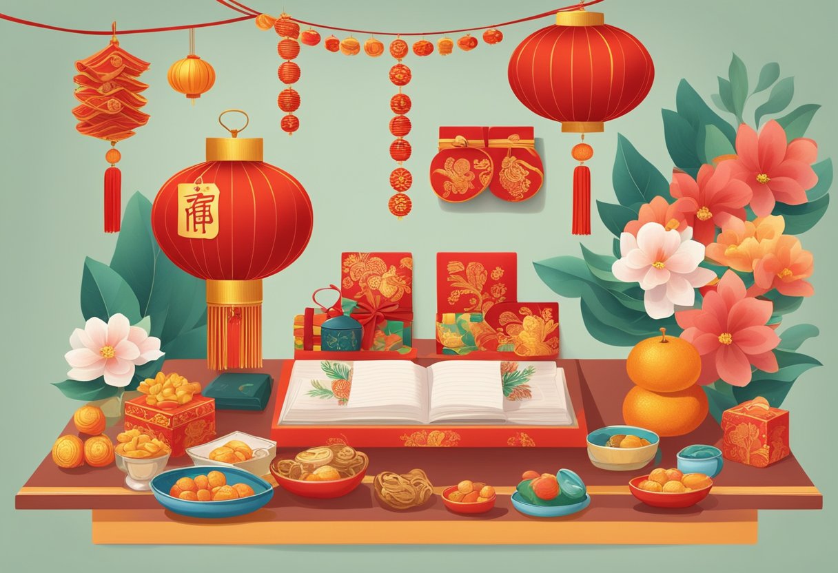 A table adorned with traditional Chinese New Year gifts, including red envelopes, tangerines, and decorative items. A banner with "Frequently Asked Questions corporate chinese new year gifts" hangs above