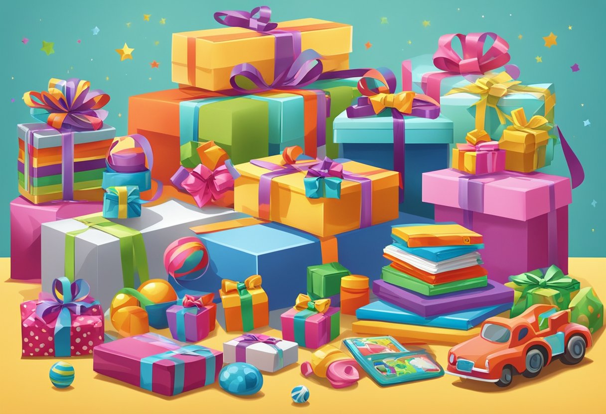 A colorful array of toys and games, neatly wrapped in bright paper and ribbons, displayed on a polished desk with a "Corporate Gift for Children" label