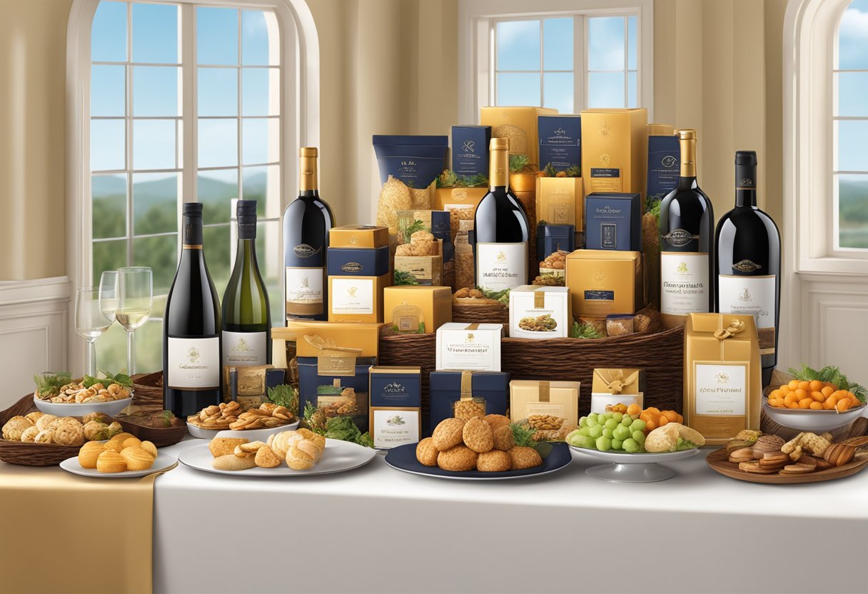 A table displays elegant corporate gift baskets with gourmet food, fine wine, and luxurious packaging