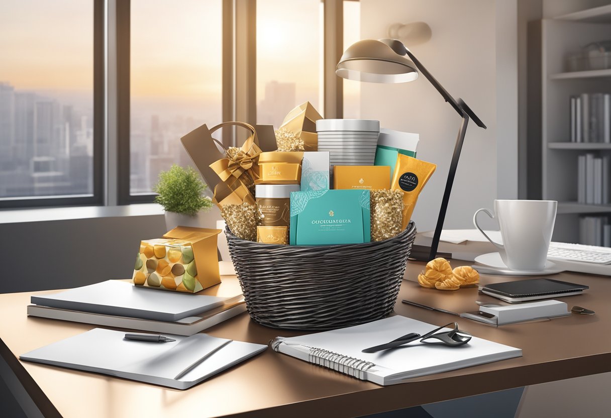 A beautifully wrapped gift basket filled with gourmet treats and luxury items sits on a sleek, modern desk in a professional office setting