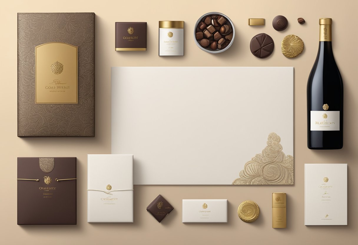 A table displays an assortment of luxury items: fine wines, gourmet chocolates, and elegant stationery. A company logo is subtly embossed on the packaging