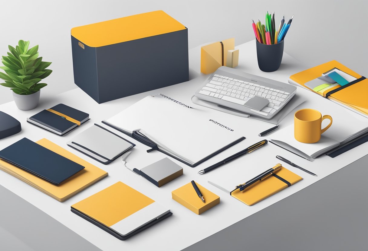 A table with branded pens, notebooks, and tech gadgets. Gift boxes with company logos. Bright, professional setting