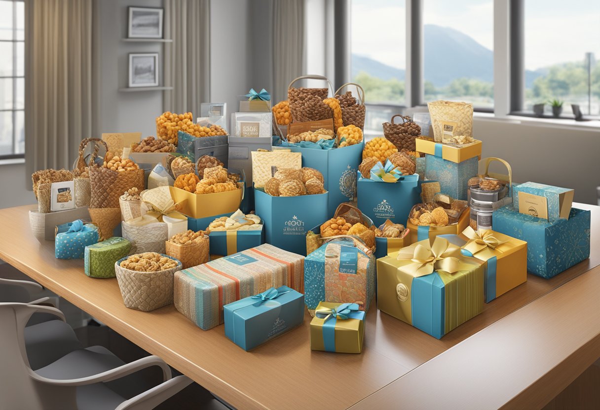 A table filled with assorted corporate gift baskets, neatly arranged with branded items and decorative packaging