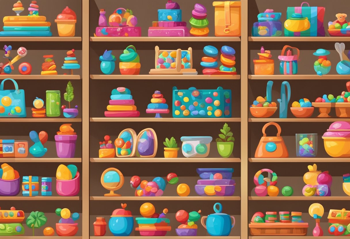 Colorful toys and games displayed on shelves with a variety of age-appropriate options. Gift baskets filled with treats and goodies for children