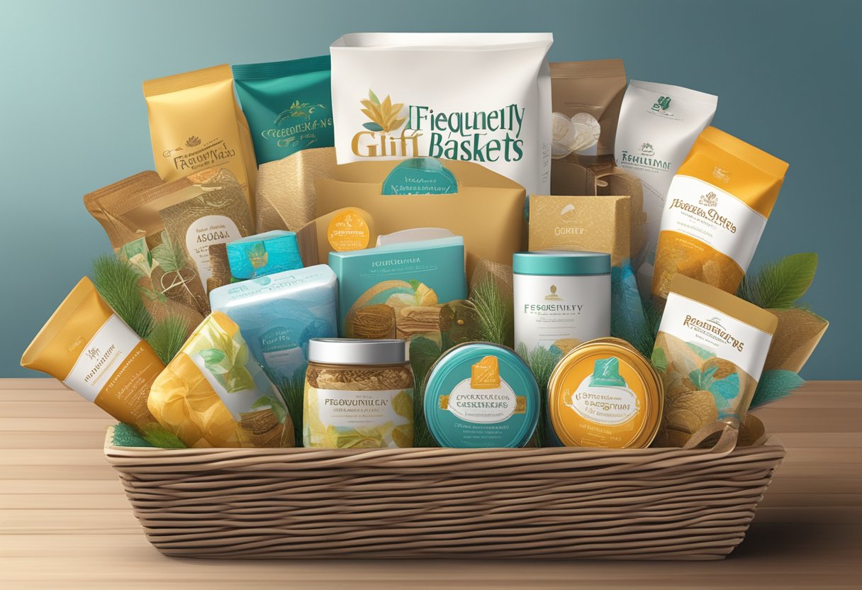 A table filled with elegantly wrapped gift baskets, each labeled with "Frequently Asked Questions corporate gift baskets."