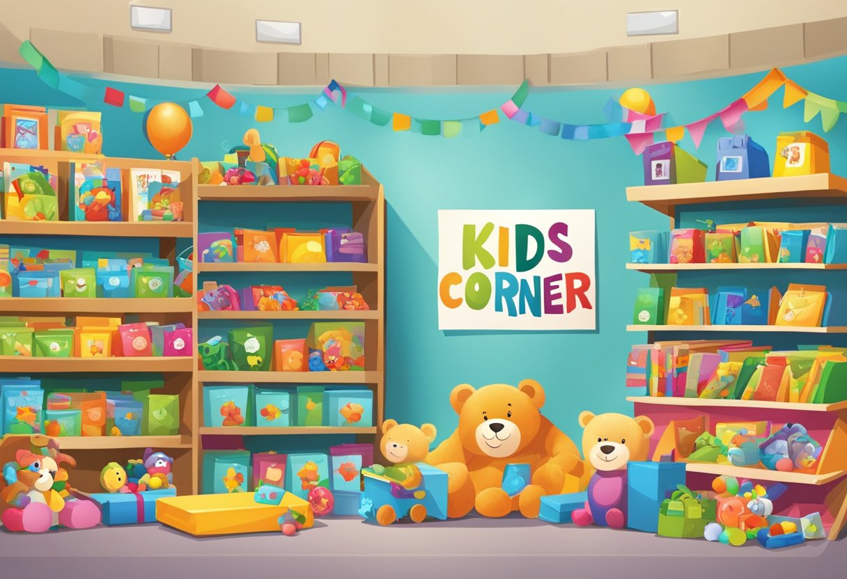 Brightly colored toys and books displayed on shelves with a "Kids' Corner" sign. Happy children receiving gift bags at a promotional event