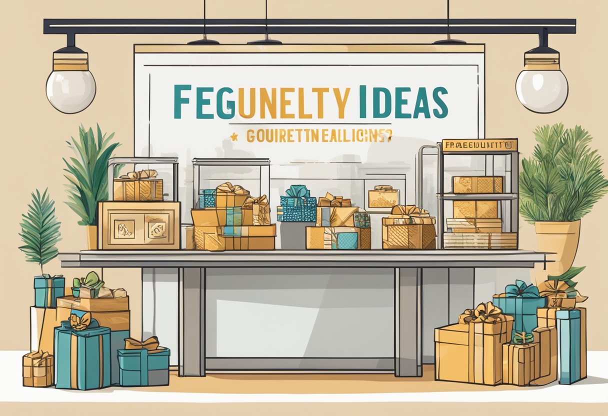 A table with various gift items like branded merchandise, gourmet baskets, and personalized items. A banner with "Frequently Asked Questions corporate gift ideas for clients" hangs above the display