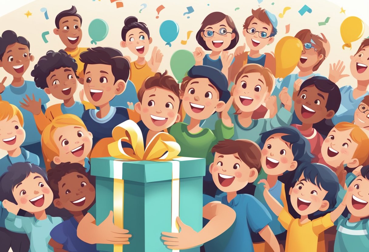 A group of happy children receiving a branded gift box with a "Frequently Asked Questions" logo on it. Excited faces and playful expressions as they open the box