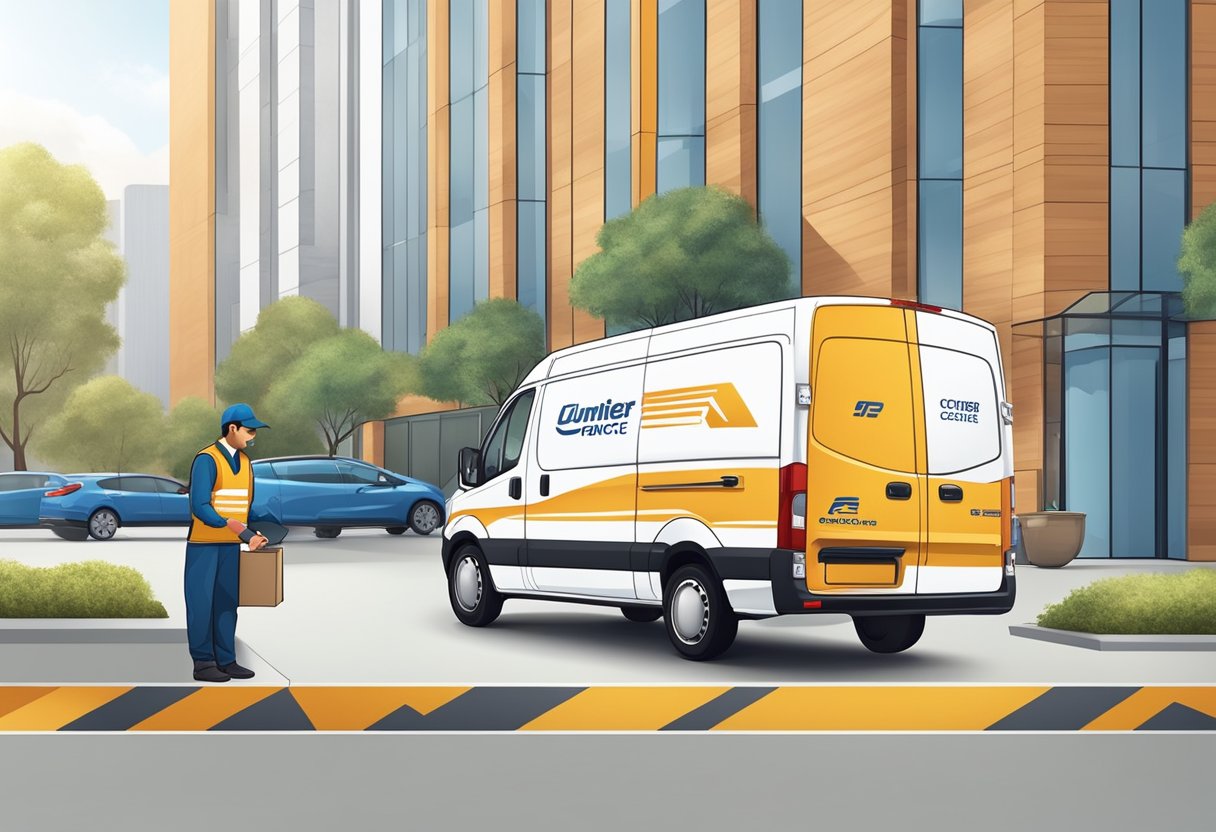 A courier van parked in front of a corporate building, with the company logo prominently displayed. Packages are being loaded onto the van by uniformed workers, showcasing the reliability and accountability of the professional courier service