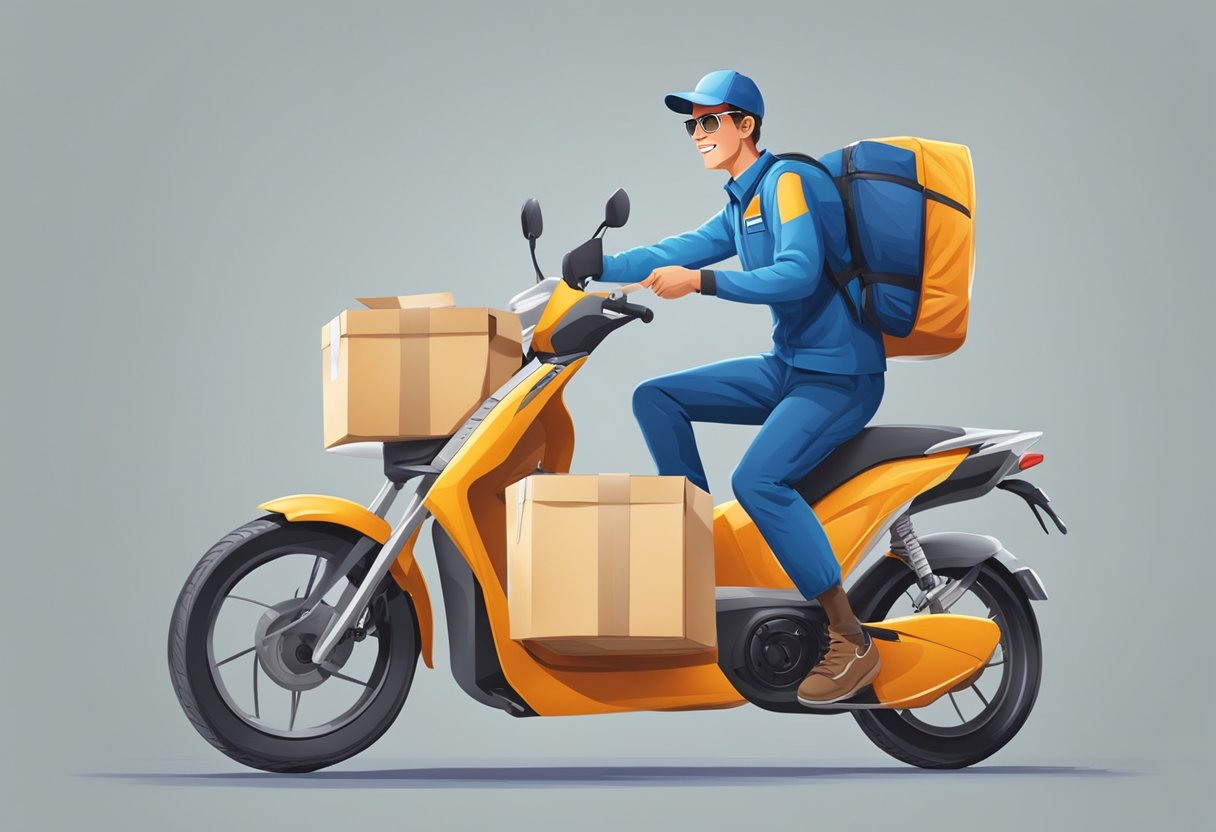 A courier in a crisp uniform delivers a package with a confident stride, showcasing professionalism and expertise
