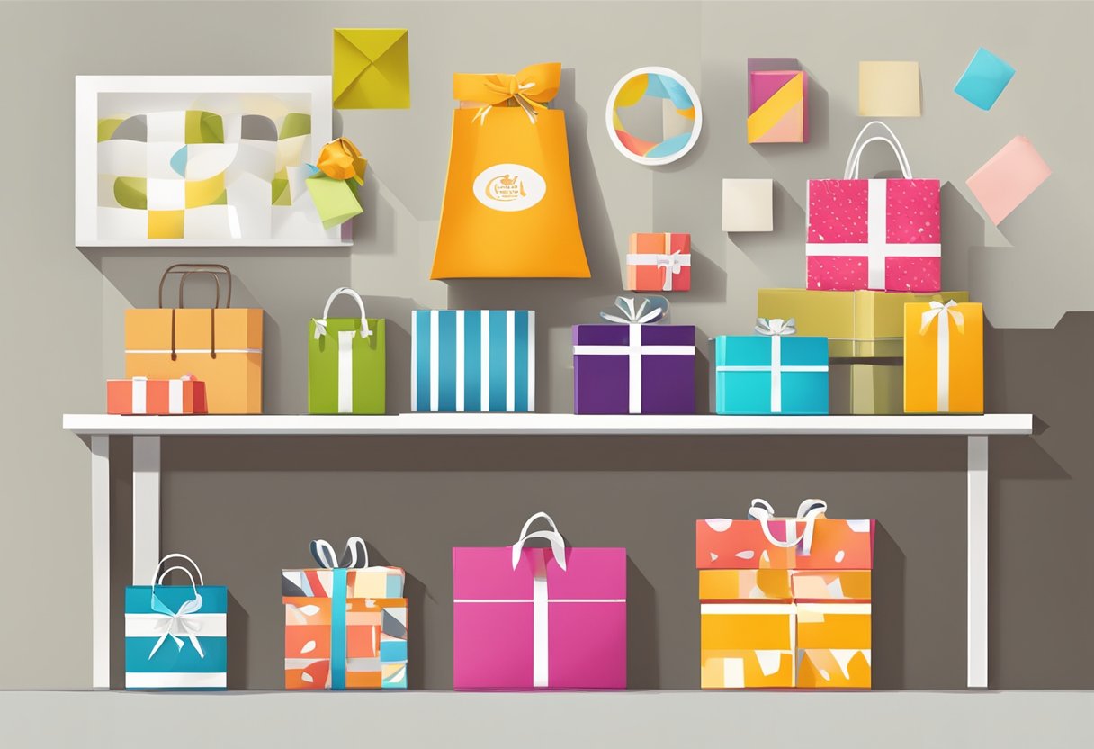 A table with branded gift boxes, bags, and promotional items arranged for display