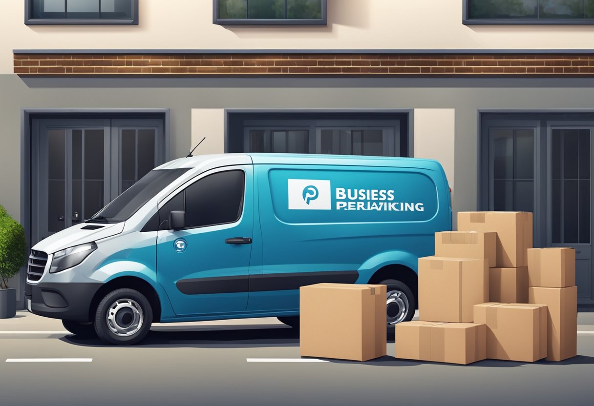 A professional courier van parked outside a business, with packages being loaded and delivered efficiently. The company logo prominently displayed on the vehicle