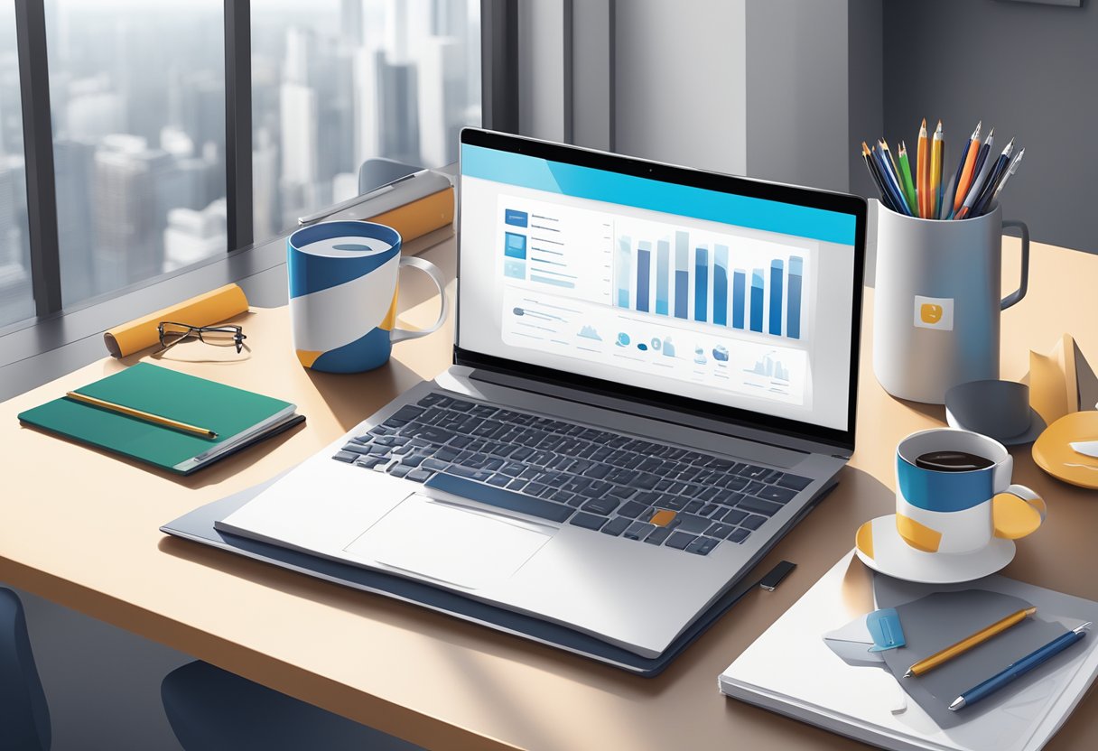 A sleek desk with branded corporate gifts arranged neatly, including a branded mug, notebook, and pen set, with a modern office backdrop