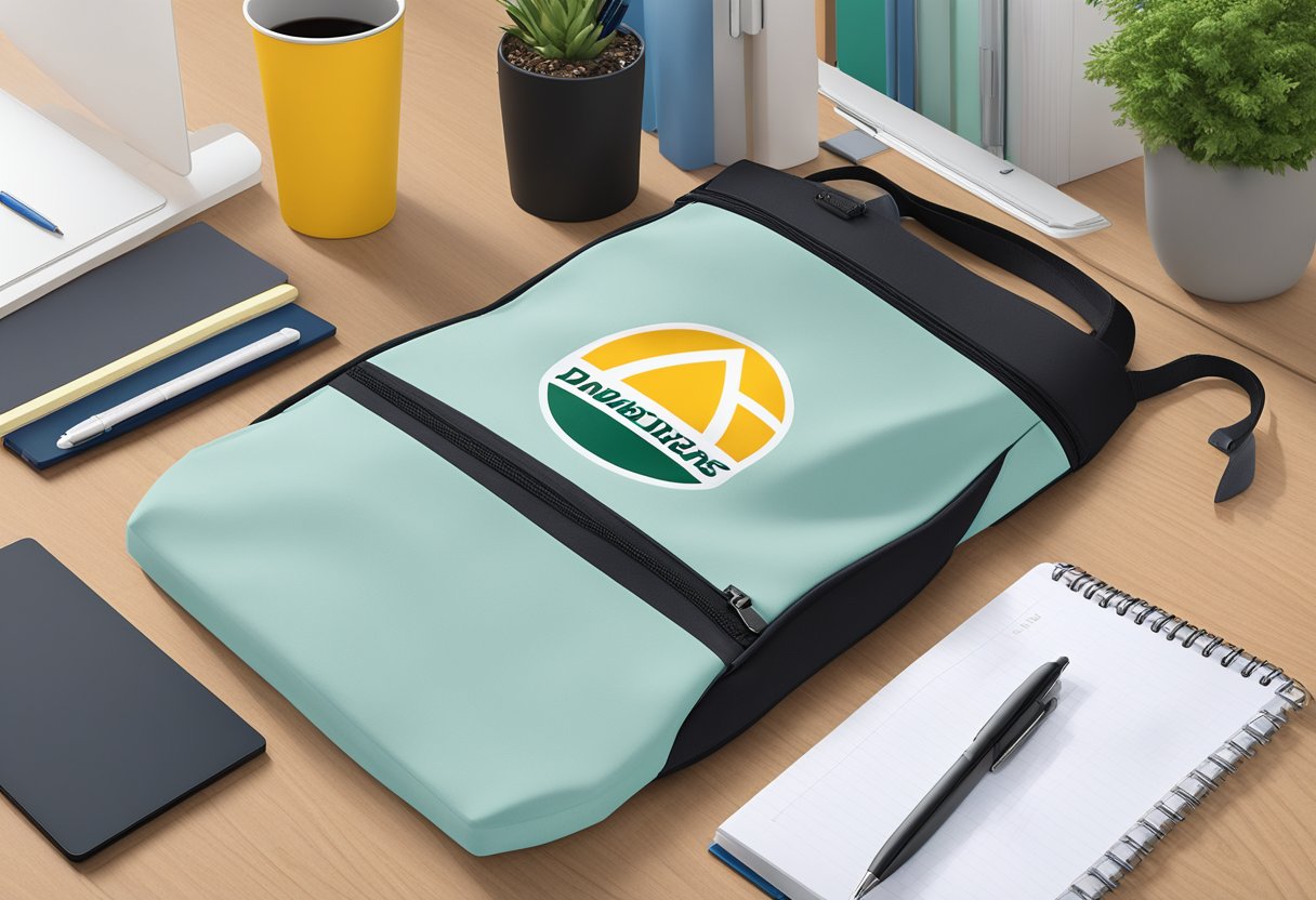 A corporate gift reusable bag sits on a modern desk, surrounded by a laptop, pen, and notepad. The bag features the company's logo and is filled with various items
