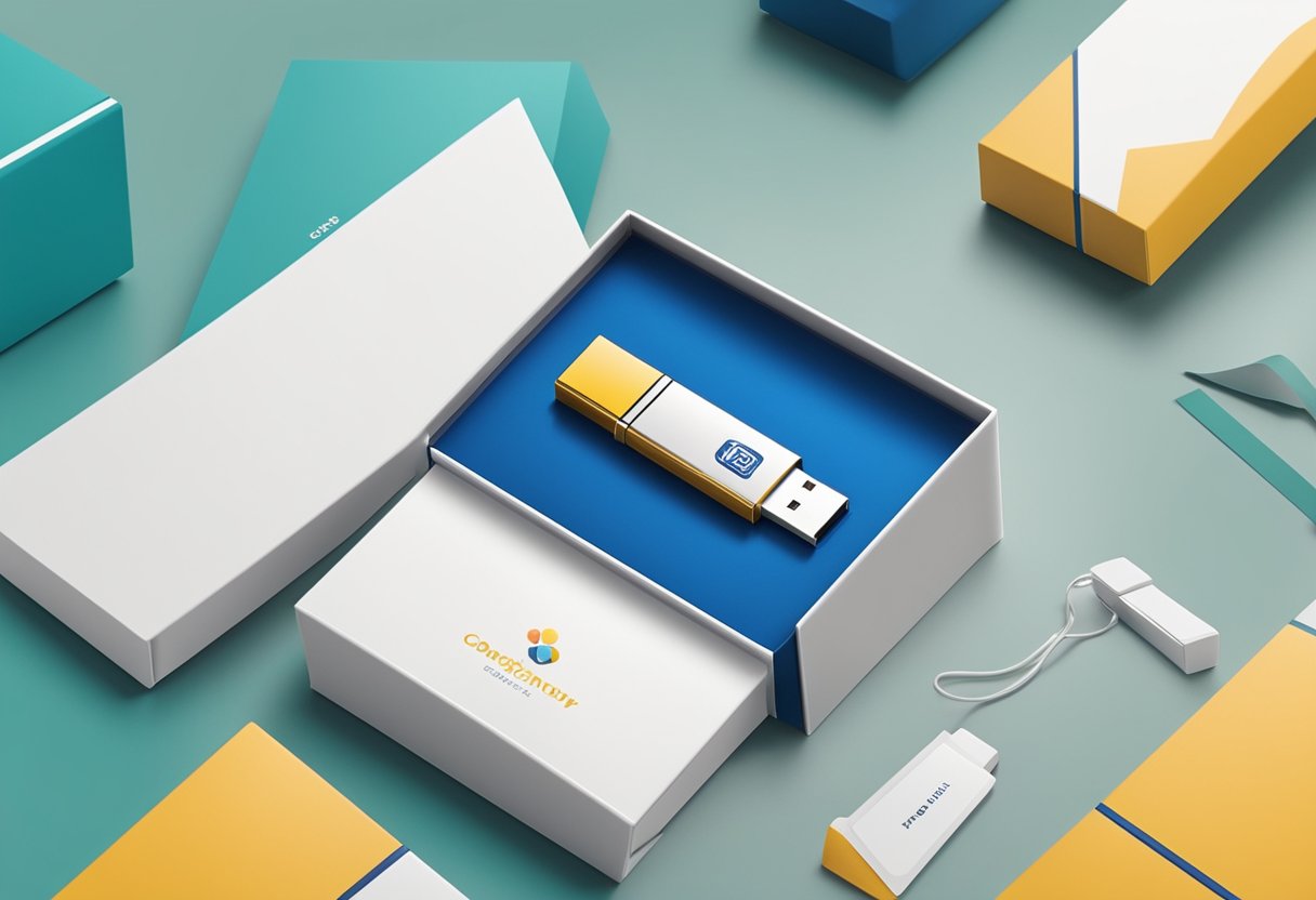 A USB flash drive is being placed in a branded gift box by a corporate employee. The box is adorned with the company's logo and colors