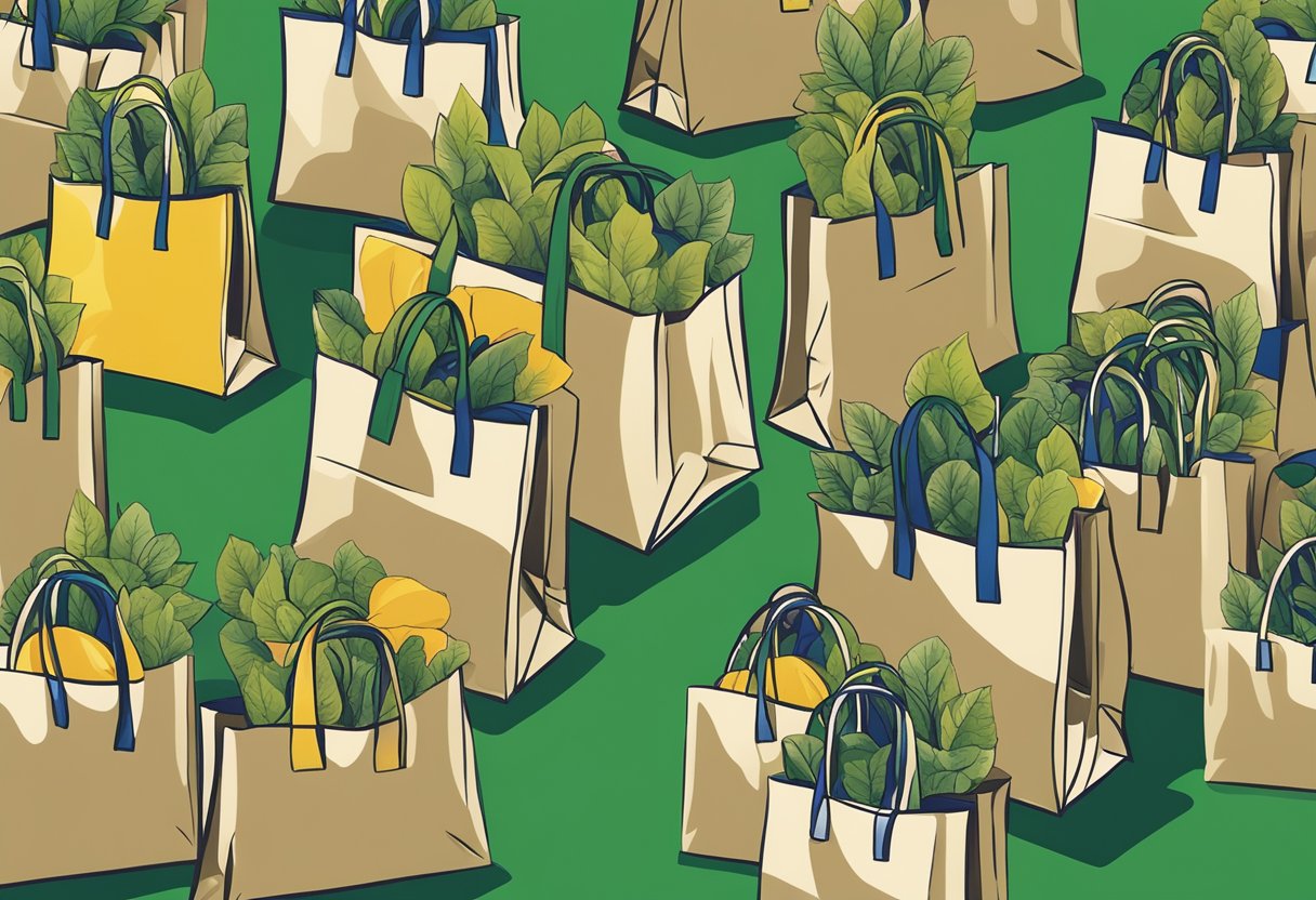 A group of employees receive branded reusable bags as corporate gifts at a company event. The bags are sturdy and eco-friendly, featuring the company logo prominently displayed