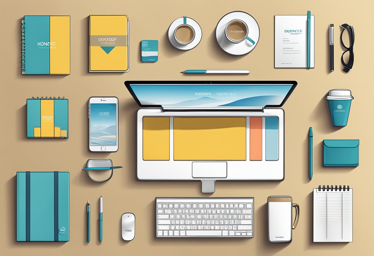 A table with various corporate gift mockups arranged neatly, with branding logos visible