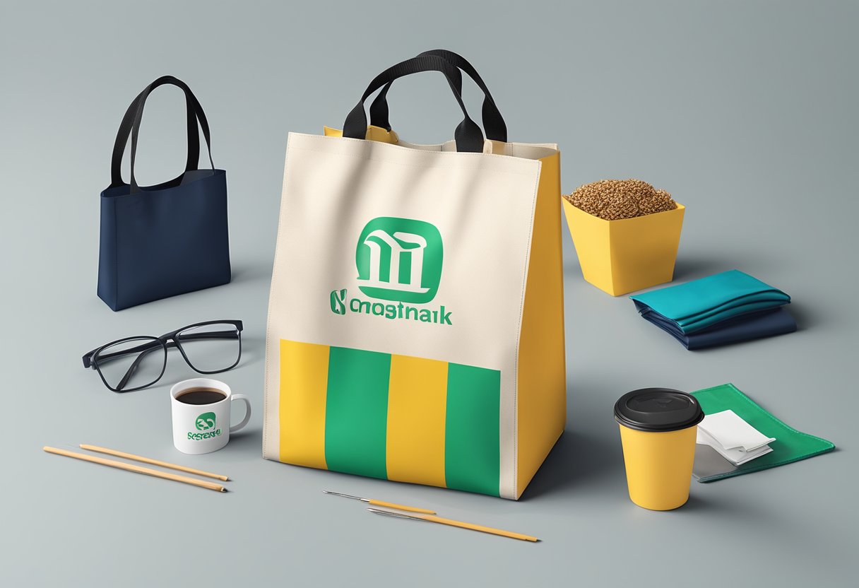 A reusable bag with corporate branding options displayed on a table with various customisation choices