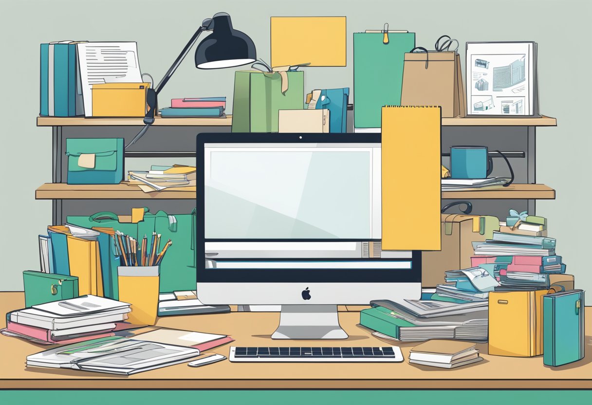 A desk cluttered with gift catalogs, a computer screen displaying vendor websites, and a phone with multiple open tabs for product comparisons