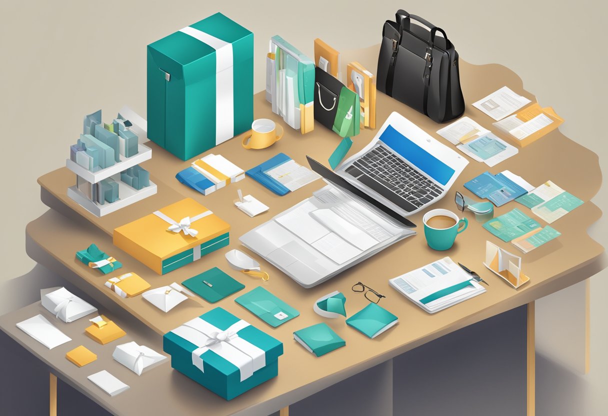A table with various corporate gifts neatly arranged for display. Clear signage indicating "Frequently Asked Questions corporate gift mockup" is visible