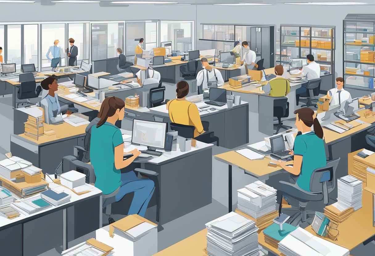 A busy office with employees researching and selecting corporate gifts from various suppliers. Catalogs and samples cover the desks, while team members discuss options
