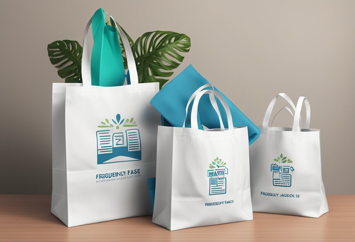 A stack of branded reusable bags with "Frequently Asked Questions corporate gift" printed on them, displayed on a clean, modern table