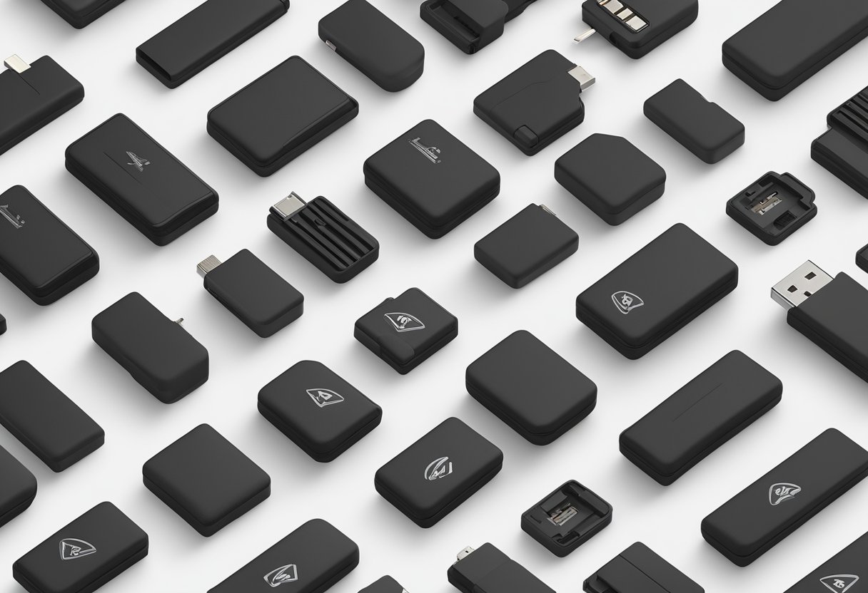 A sleek black box opens to reveal rows of branded USB flash drives nestled in foam padding, with a company logo prominently displayed