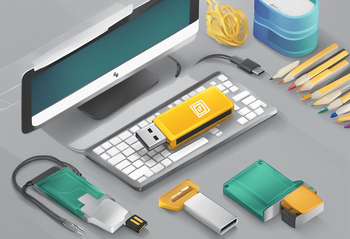 A USB flash drive with "Frequently Asked Questions corporate gift" logo, surrounded by office supplies and a computer screen displaying the same logo