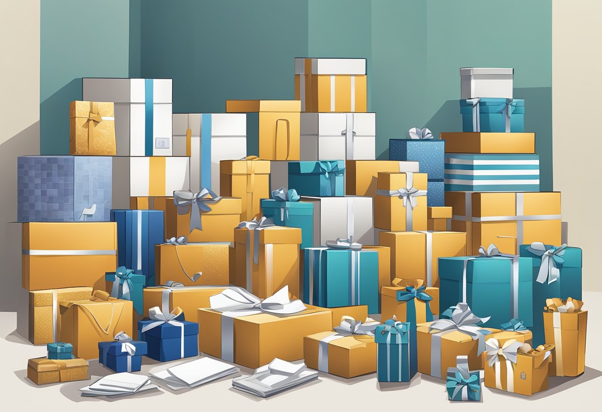 A group of corporate gift items being carefully selected and packaged for delivery. Various products such as luxury pens, branded notebooks, and elegant gift baskets are being organized and prepared for shipment