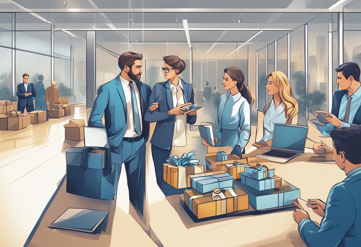 A group of professionals discussing and selecting various corporate gifts from a wide range of options