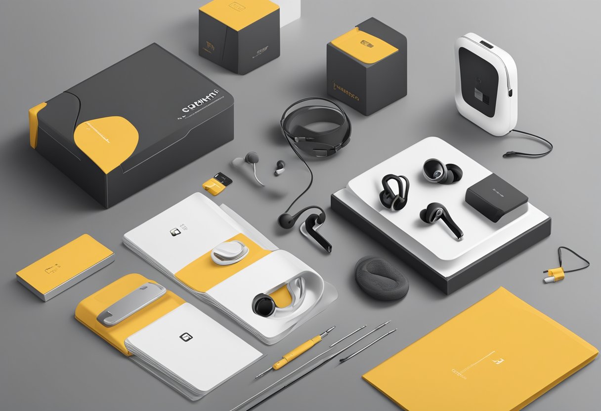 A table with branded earphones in elegant packaging surrounded by corporate logo merchandise