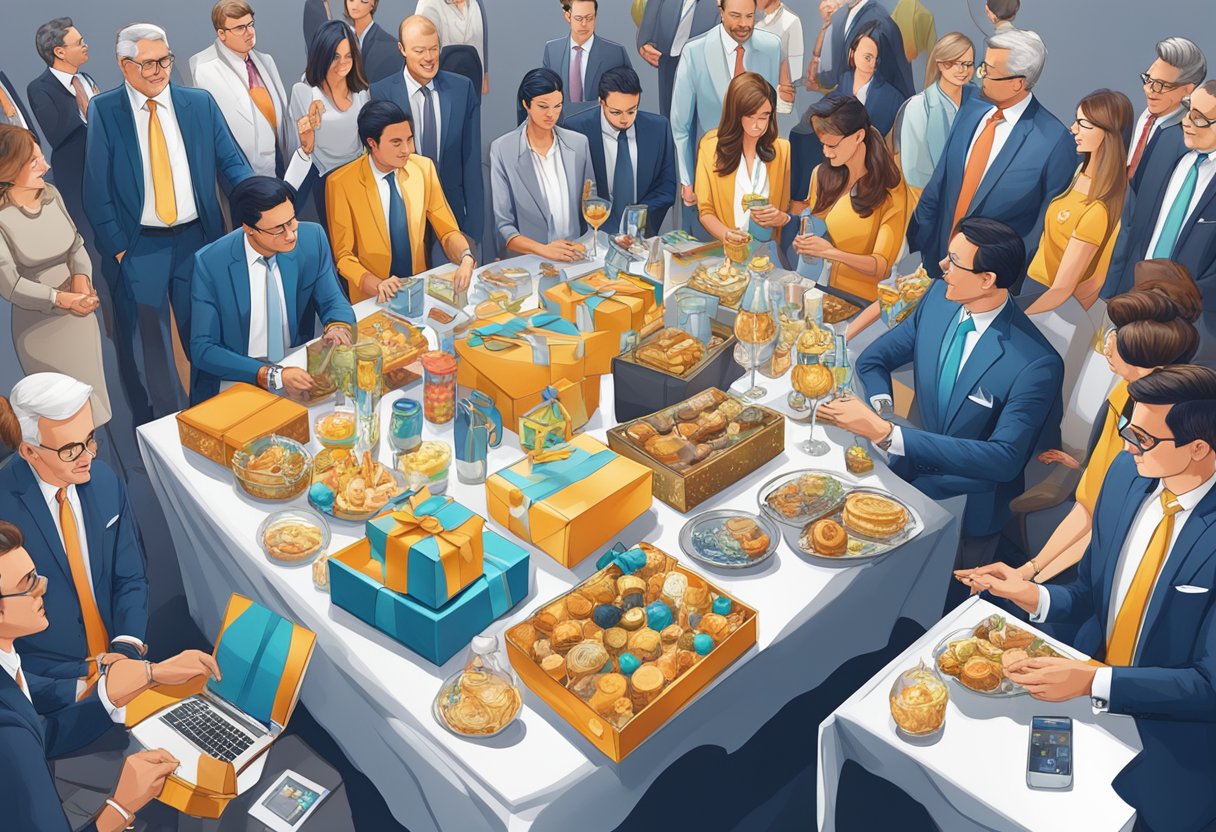 A table adorned with branded merchandise and luxury items, surrounded by executives exchanging gifts and networking at a corporate event