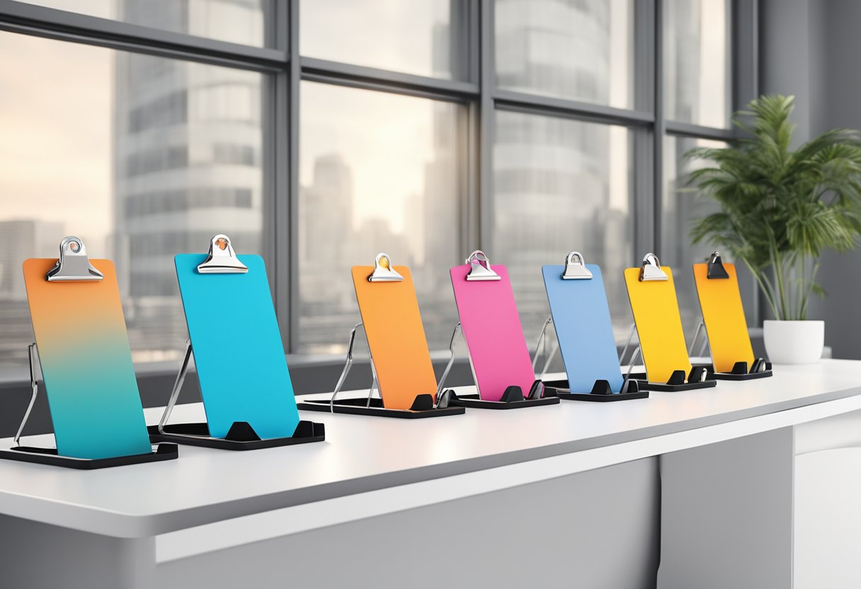A row of branded clipboards displayed on a sleek, modern desk with corporate gifts neatly arranged next to them