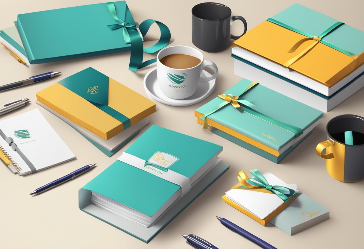A table adorned with branded pens, notebooks, and mugs. A stack of gift boxes with company logos. A festive ribbon and thank you cards displayed